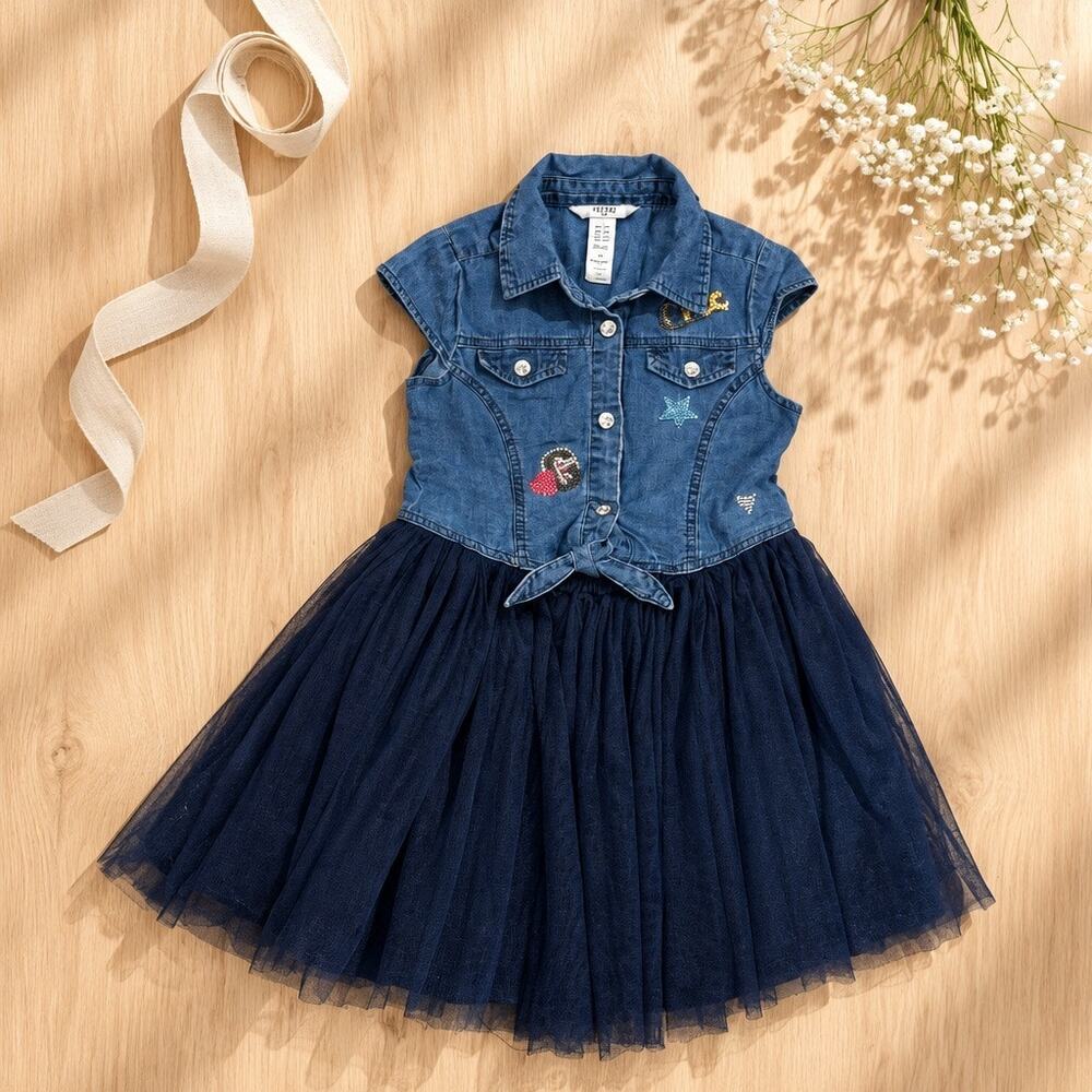 GUESS Girls 2-Fer Denim & Mesh Tulle Dress | Tie Front & Patches | Size